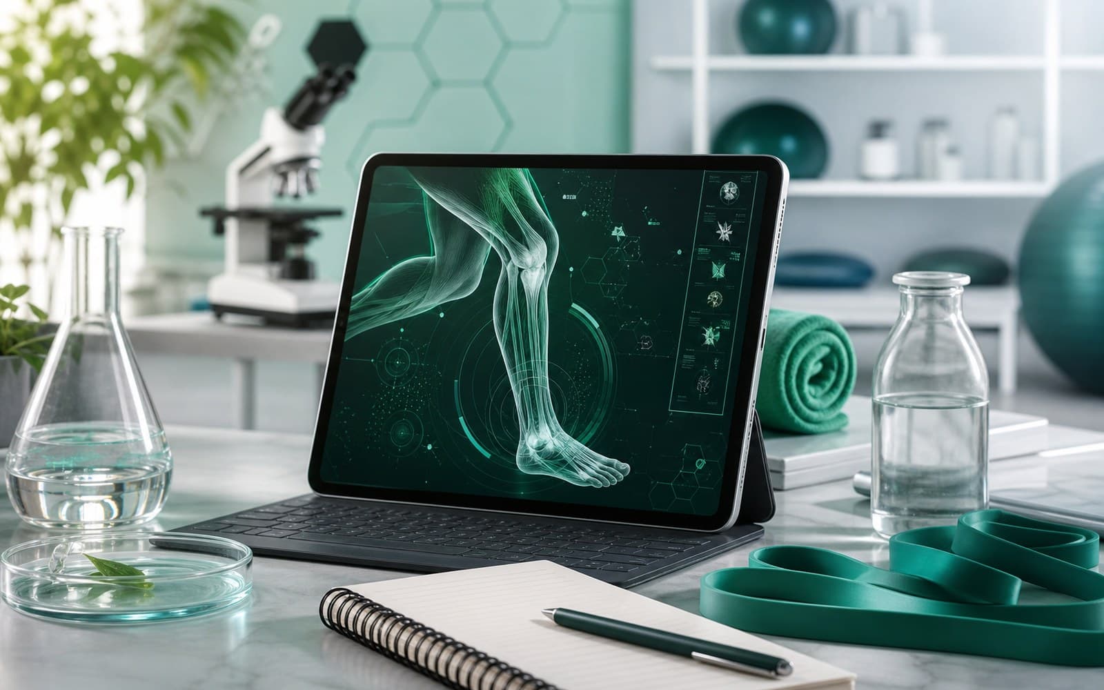Modern recovery science workspace with tablet-based musculoskeletal visualization and clinical research tools.