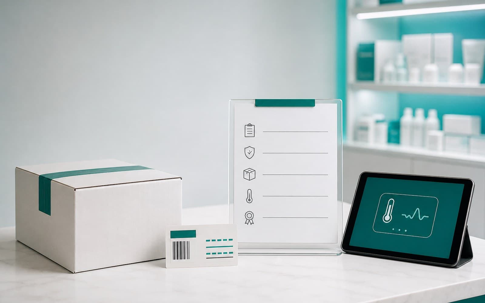 Clean pharmacy quality-review workspace with sealed medication shipping materials and verification checklist.