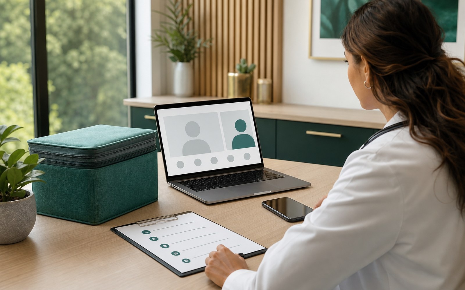Clinician holding a smartphone for an online peptide therapy telehealth evaluation.