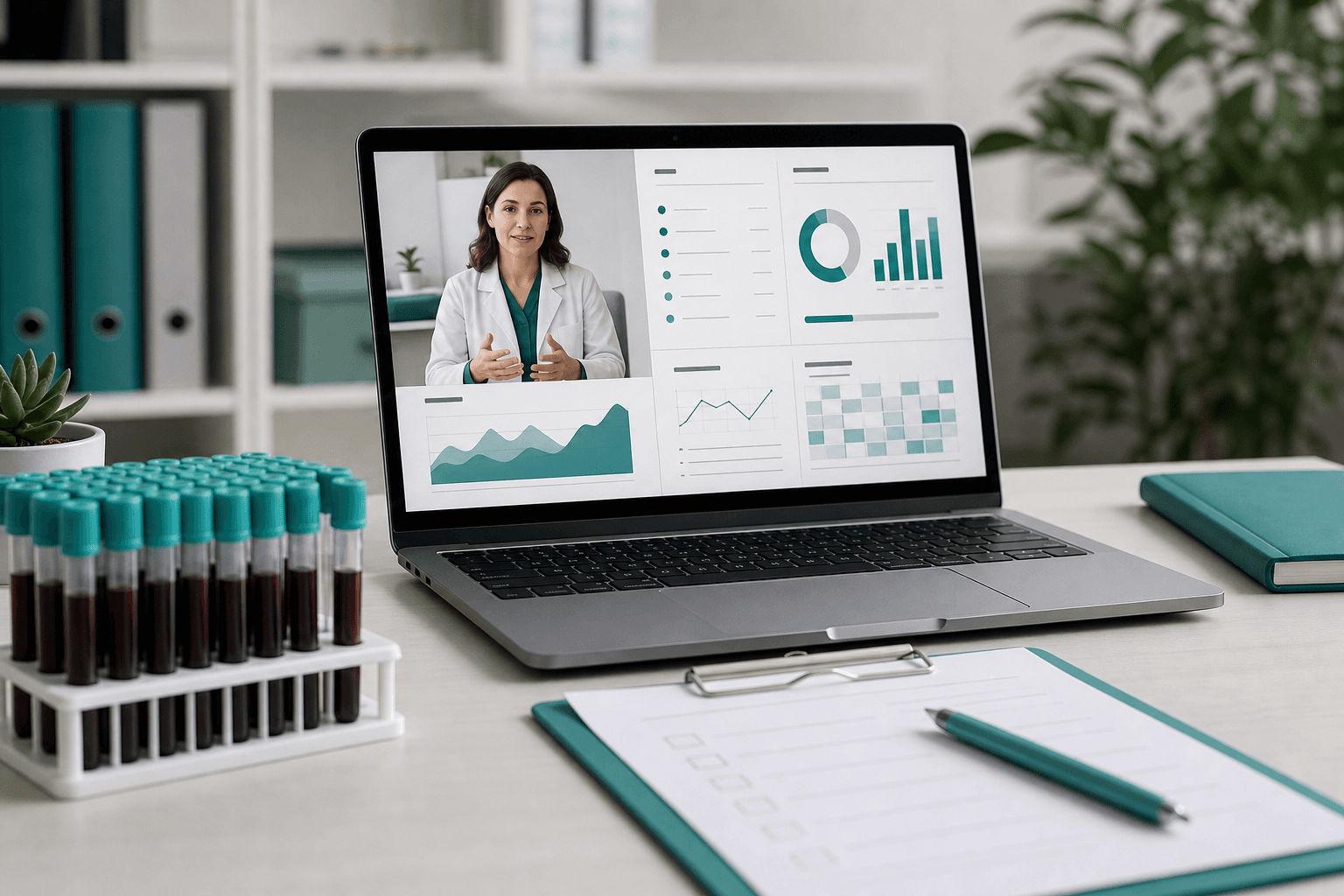 Telehealth clinician dashboard with lab sample tubes and a checklist, representing lab review before peptide therapy.