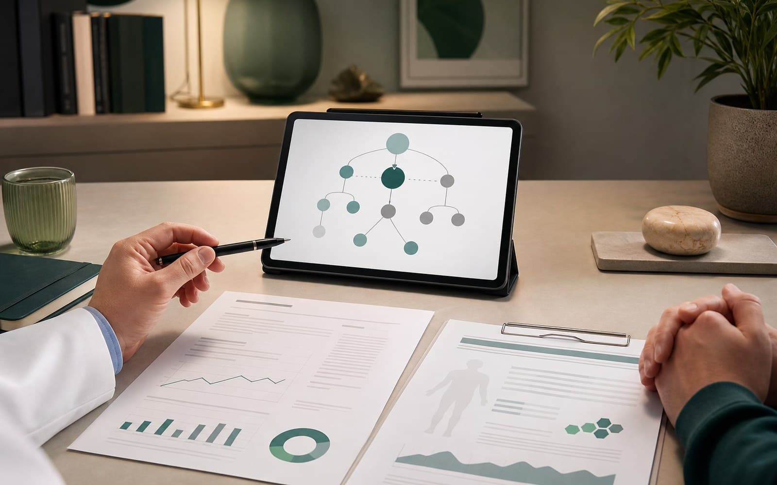 Clinician consultation workspace with hormone health reports and abstract endocrine pathway visualization.